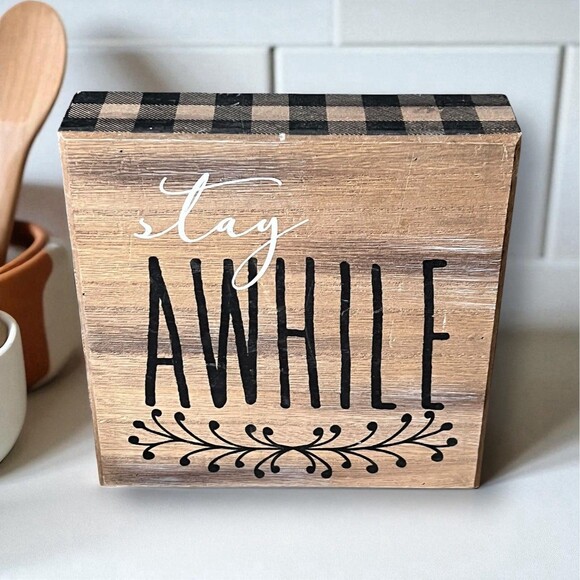 Hobby Lobby Wooden Stay Awhile Square Sign Decor Rustic Primitive Farmhouse 6x6 - Picture 2 of 5